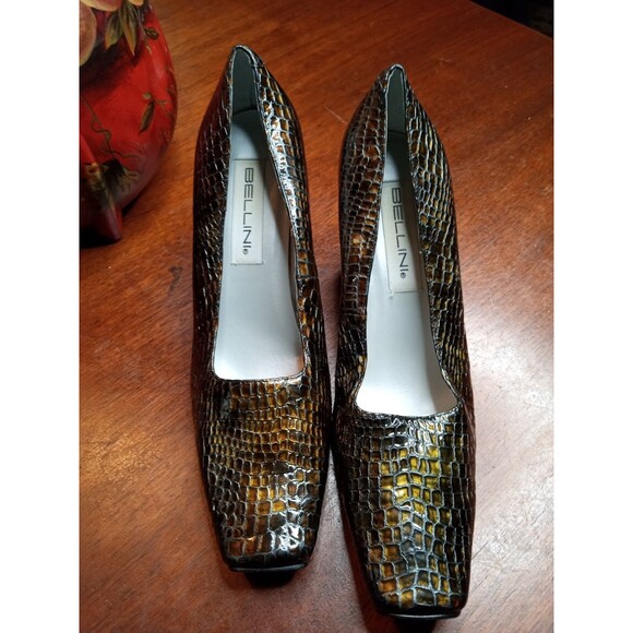 Bellini M Women's VTG Pump Black Gold Leather Snake Print Retro Heel Size 9.5W - Picture 1 of 10